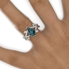 Load image into Gallery viewer, 2.5 Carat Kite Teal Sapphire Twig Floral 14K White Gold Engagement Ring