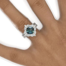 Load image into Gallery viewer, 3 Carat Cushion Teal Sapphire Halo 14K White Gold Engagement Ring, Eternity Ring Set