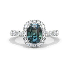 Load image into Gallery viewer, 2 Carat 9x7mm Cushion Cut Vintage Style Halo Teal Sapphire White Gold Engagement Ring