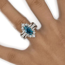 Load image into Gallery viewer, 3 Carat Hexagon Teal Sapphire Cluster Halo 14K White Gold Engagement Ring Set