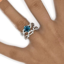 Load image into Gallery viewer, 3 Carat Hexagon Teal Sapphire Cluster Halo 14K White Gold Floral Engagement Ring Set