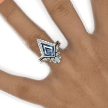 Load image into Gallery viewer, 2.5 Carat Kite Genuine Aquamarine Halo Engagement Ring Set. 2.5CT Fancy Kite Shape Bezel Aquamarine Ring Set