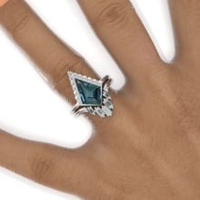 Load image into Gallery viewer, 2.5 Carat Kite Teal Sapphire Halo Engagement Ring Set. 2.5CT Fancy Kite Shape Bezel Teal Sapphire Ring Set