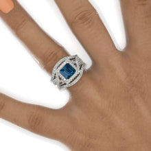 Load image into Gallery viewer, 2 Carat Princess Teal Sapphire Halo 14K White Gold Engagement Ring Eternity Ring Set