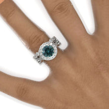 Load image into Gallery viewer, 2 Carat Round Teal Sapphire Halo Twisted Shank Engagement Ring, Eternity Ring Set
