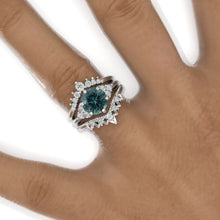 Load image into Gallery viewer, 2 Carat Round Teal Sapphire Floral Shank Engagement Ring, Eternity Ring Set
