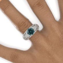 Load image into Gallery viewer, 2 Carat Teal sapphire Round Victorian Style Lace Shank Engagement Ring. Victorian 14K White Gold Ring