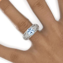 Load image into Gallery viewer, 2 Carat Genuine Aquamarine Round Victorian Style Lace Shank Engagement Ring. Victorian 14K White Gold Ring