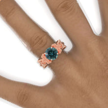 Load image into Gallery viewer, 2 Carat Round Teal Sapphire Rose Floral Twig Shank Engagement Ring