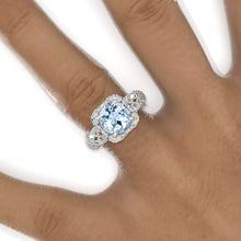 Load image into Gallery viewer, 2 Carat Round Genuine Aquamarine Halo Lace Shank Engagement Ring