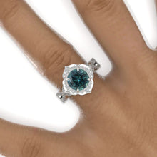 Load image into Gallery viewer, 2 Carat Round Teal Sapphire Floral Halo Twisted Shank Engagement Ring