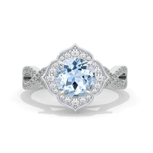 Load image into Gallery viewer, 2 Carat Round Genuine Aquamarine Floral Halo Twisted Shank Engagement Ring