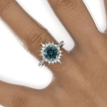 Load image into Gallery viewer, 2 Carat Round Teal Sapphire Floral Halo Shank Engagement Ring