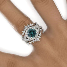 Load image into Gallery viewer, 2 Carat Round Teal Sapphire Halo 14K White Gold Twisted Shank Engagement Ring Set