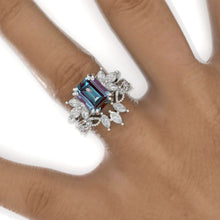 Load image into Gallery viewer, 3 Carat Emerald Alexandrite Cluster Floral Engagement Ring 14K White Gold Ring Set