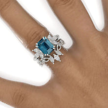 Load image into Gallery viewer, 3 Carat Emerald Teal Sapphire Cluster Floral Engagement Ring 14K White Gold Ring Set