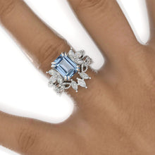 Load image into Gallery viewer, 3 Carat Emerald Genuine Aquamarine Cluster Floral Engagement Ring 14K White Gold Ring Set