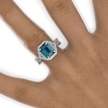 Load image into Gallery viewer, 3 Carat Emerald Halo Teal Sapphire Twisted Shank White Gold Engagement Ring