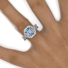 Load image into Gallery viewer, 3 Carat Emerald Halo Genuine Aquamarine Twisted Shank White Gold Engagement Ring