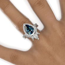 Load image into Gallery viewer, 3 Carat Pear Teal Sapphire Halo Engagement Ring 14K White Gold Ring Set