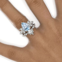 Load image into Gallery viewer, 3 Carat Pear Genuine Aquamarine Halo Floral Engagement Ring 14K White Gold Ring Set