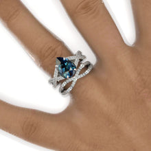 Load image into Gallery viewer, 3 Carat Pear Teal Sapphire Halo Twisted Engagement Ring 14K White Gold Ring Set