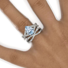 Load image into Gallery viewer, 3 Carat Pear Genuine Aquamarine Halo Twisted Engagement Ring 14K White Gold Ring Set