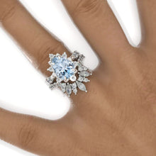 Load image into Gallery viewer, 3 Carat Pear Genuine Aquamarine Halo Floral Engagement Ring 14K White Gold Ring Set