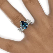 Load image into Gallery viewer, 3 Carat Pear Teal Sapphire Cluster 14K White Gold Engagement Eternity Ring