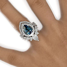 Load image into Gallery viewer, 3 Carat Pear Teal Sapphire Halo Engagement Ring 14K White Gold Ring Set