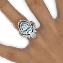 Load image into Gallery viewer, 3 Carat Pear Genuine Aquamarine Halo Engagement Ring 14K White Gold Ring Set