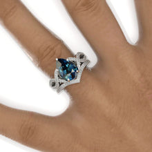 Load image into Gallery viewer, 3 Carat Pear Teal Sapphire Twisted 14K White Gold Engagement Eternity Ring Set