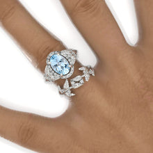 Load image into Gallery viewer, 2 Carat Oval Genuine Aquamarine Halo Floral Engagement Ring Eternity Ring Set