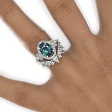 Load image into Gallery viewer, 2 Carat Oval Teal Sapphire Halo Floral Engagement Ring Eternity Ring Set