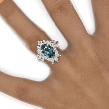 Load image into Gallery viewer, 3 Carat Oval Teal Sapphire Halo Ornamental Engagement Ring