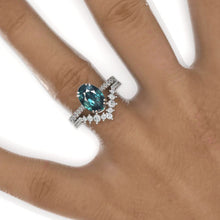 Load image into Gallery viewer, 3 Carat Oval Teal Sapphire Solitaire Set Engagement Ring Eternity Ring Set