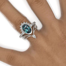 Load image into Gallery viewer, 3 Carat Oval Teal Sapphire Bezel Set Engagement Ring Eternity Ring Set