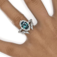 Load image into Gallery viewer, 3 Carat Oval Teal Sapphire Halo Engagement Ring Eternity Ring Set