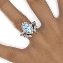Load image into Gallery viewer, 3 Carat Oval Genuine Aquamarine Halo Engagement Ring Eternity Ring Set