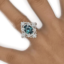 Load image into Gallery viewer, 3 Carat Oval Teal Sapphire Halo Engagement Ring 14K White Gold Ring