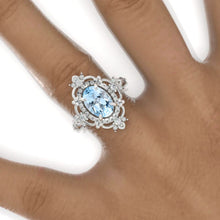 Load image into Gallery viewer, 3 Carat Oval Genuine Aquamarine Halo Engagement Ring 14K White Gold Ring