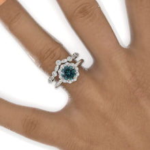 Load image into Gallery viewer, 2 Carat Round Teal Sapphire Halo 14k White Gold Engagement Ring Eternity Ring Set