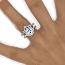 Load image into Gallery viewer, 2 Carat Round Genuine Aquamarine Halo 14k White Gold Engagement Ring Eternity Ring Set