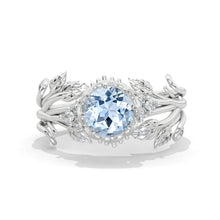 Load image into Gallery viewer, Round Genuine Aquamarine Floral Leaves Style Engagement Ring