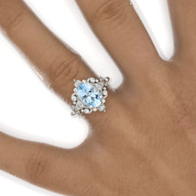 Load image into Gallery viewer, 3 CT Oval Halo Genuine Aquamarine Vintage Wedding Ring. 14K White Gold Engagement Ring Anniversary Ring, Baguette Double Halo Ring