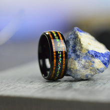 Load image into Gallery viewer, Fire Opal Tungsten Carbide Wedding Ring with Hawaii Koa Wood Inlay