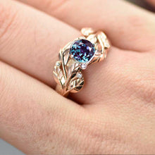 Load image into Gallery viewer, Alexandrite Moissanite Leaf Engagement Ring 14K White