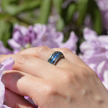Load image into Gallery viewer, BLUE OPAL: Center blue opal inlay, makes the ring brilliant and beautiful. ABALONE SHELL: Abalone