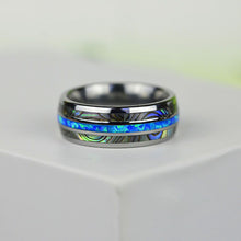 Load image into Gallery viewer, Genuine Australian Blue Fire Opal with Abalone Shell Tungsten Ring