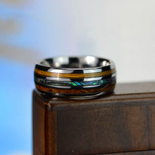 Load image into Gallery viewer, Abalone & Whiskey Barrel Wood Ring Mens Wedding Band Tungsten Ring